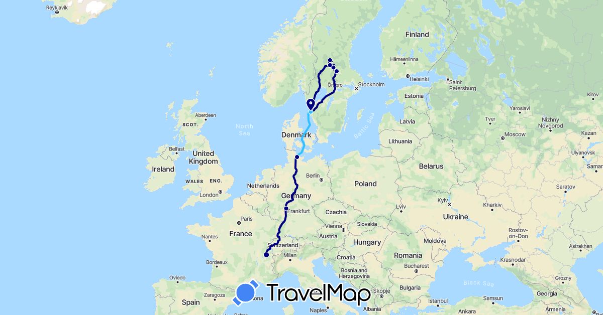 TravelMap itinerary: driving, hiking, boat in Germany, France, Sweden (Europe)